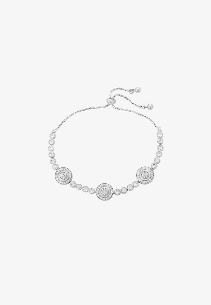 Hõbe käevõru, millel on ümmargused ja ringikujulised motiivid, kaunistatud mitme selge vääriskiviga, millel on õrn kett ja reguleeritav lukustus.