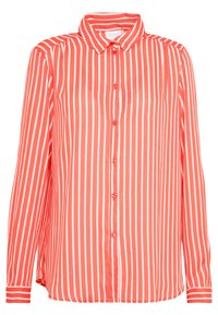 Coral and white striped blouse with long sleeves, button closure, and a classic collar. Made of smooth fabric with a relaxed fit.