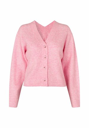 Cardigan roz tricotat cu decolteu în V, mâneci lungi și închidere cu cinci nasturi. Prezintă textură canelată și un design cropped.