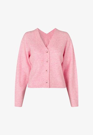 Růžový pletený cardigan s výstřihem do V, dlouhými rukávy a zapínáním na pět knoflíků. Má žebrovanou strukturu a zkrácený střih.