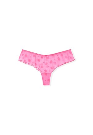 Pink sheer panties with floral pattern, ruffled edges, and scalloped trim. Soft fabric with a delicate texture and elastic waistband.