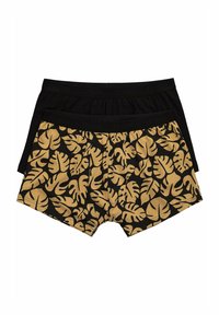 Černé a zlaté pánské boxerky. Jeden pár má vzor listů; druhý je úplně černý, oba s elastickými pasy.