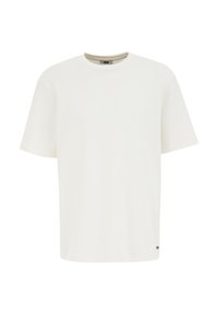 Camiseta blanca de manga corta hecha de material texturizado. Presenta un cuello redondo y un pequeño logotipo cerca del dobladillo inferior. Ajuste clásico.