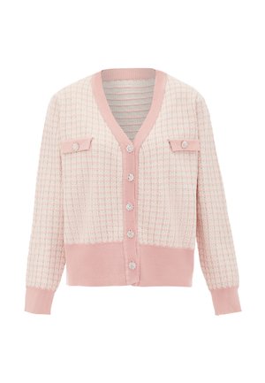 Roze gebreide cardigan met een textuurpatroon, V-hals, twee voorkruiszakken en decoratieve knopen. Ribgebreide manchetten en zoom.