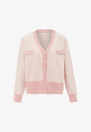 Roze gebreide cardigan met een textuurpatroon, V-hals, twee voorkruiszakken en decoratieve knopen. Ribgebreide manchetten en zoom.