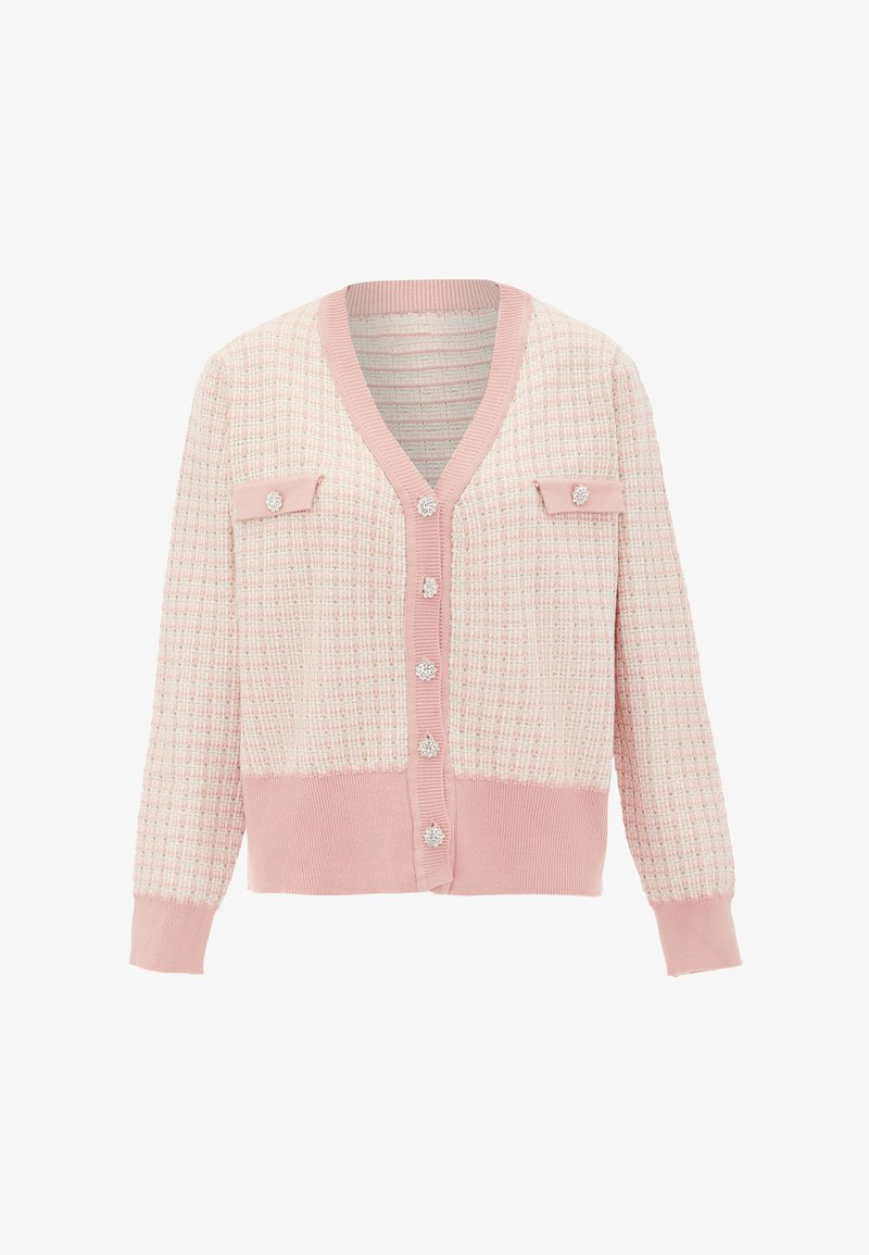 Rózsaszín kötött kardigán texturált mintával, V-nyakkivágással, két elülső zsebbel és díszgombokkal. Ráhúzott mandzsetták és alj.