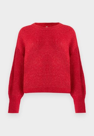 Pull rouge tricoté avec un col rond, des épaules tombantes, des poignets côtelés et un ourlet, présentant un motif texturé sur l'ensemble.