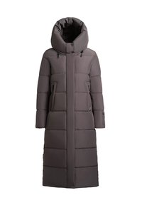 Long, padded coat in dark gray with a high collar and large hood. Features zippered side pockets and a straight silhouette with subtle stitching.