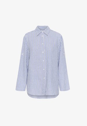 Modra in bela prugasta srajca z dolgimi rokavi, ovratnikom in zložljivimi manšetami. Narejena iz lahkotnega materiala in ima sproščen kroj.