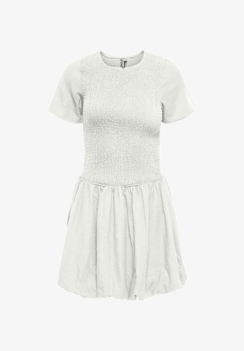 Robe blanche à manches courtes avec corsage ajusté texturé et jupe froncée à ourlet boule, fermeture éclair au niveau de l'encolure arrière.