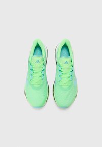 Running shoes in bright green mesh with light blue accents. Features flat laces and a cushioned sole. Designed for comfort and breathability.