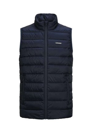 Veste sans manches matelassée bleu foncé avec col haut, fermeture éclair intégrale à l'avant, poches latérales zippées et petit logo rectangulaire sur la poitrine gauche.