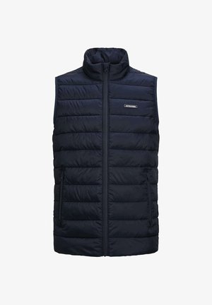 Veste sans manches matelassée bleu foncé avec col haut, fermeture éclair intégrale à l'avant, poches latérales zippées et petit logo rectangulaire sur la poitrine gauche.