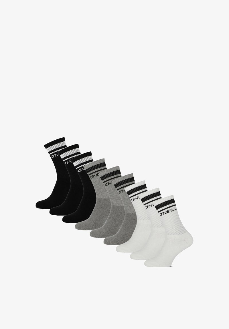 Neuf paires de chaussettes crew noires, grises et blanches avec des bords côtelés présentant des rayures noires et le logo "O'Neill".