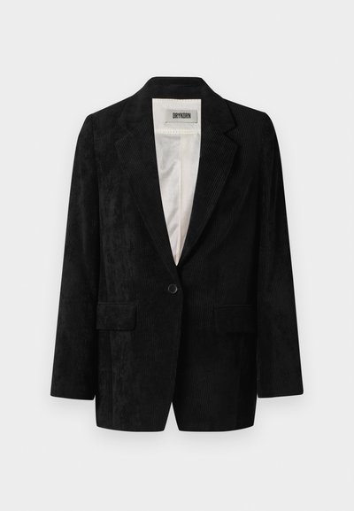 Blazer en velours côtelé noir avec une fermeture à un bouton, revers à encolure crantée, deux poches avant et une doublure intérieure lisse. Tissu texturé avec des côtes verticales.
