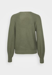 Maglione verde lavorato a maglia, collo rotondo, maniche lunghe a sbuffo, polsini e orlo a coste, tessuto strutturato con un sottile motivo a punto.