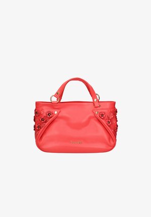 Borsa a mano in pelle rossa con due manici corti, dettagli in oro e decorazioni floreali ai lati, con il marchio "bocoulin" in lettere dorate.