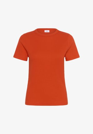 Rövid ujjú póló élénk narancssárga színben, bordázott textúrával, kerek nyakkivágással és egyenes szabással. A nyaknál található címke felirata: "Saint."