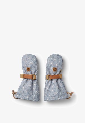 Blå mønstrede vanter lavet af stof med en brun rem og spænde detaljer, der viser illustrationer af fugle og løv.