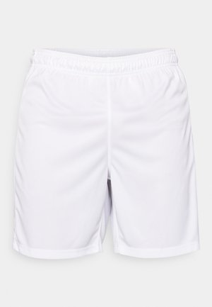Shorts de sport blancs en tissu léger, avec une taille élastique, des coutures plates et un design simple sans poches.
