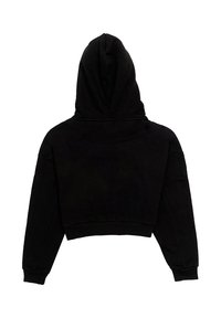 Felpa nera corta con cappuccio, maniche lunghe, texture morbida e orlo a coste. Presenta un design minimalista senza loghi o dettagli visibili.