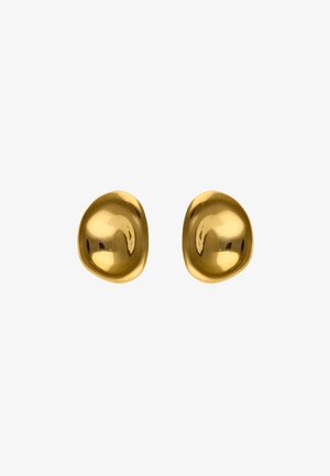 Náušnice ve zlaté barvě s hladkými, organickými tvary a lesklým povrchem. Mají leštěný povrch a zakřivené, nepravidelné okraje.