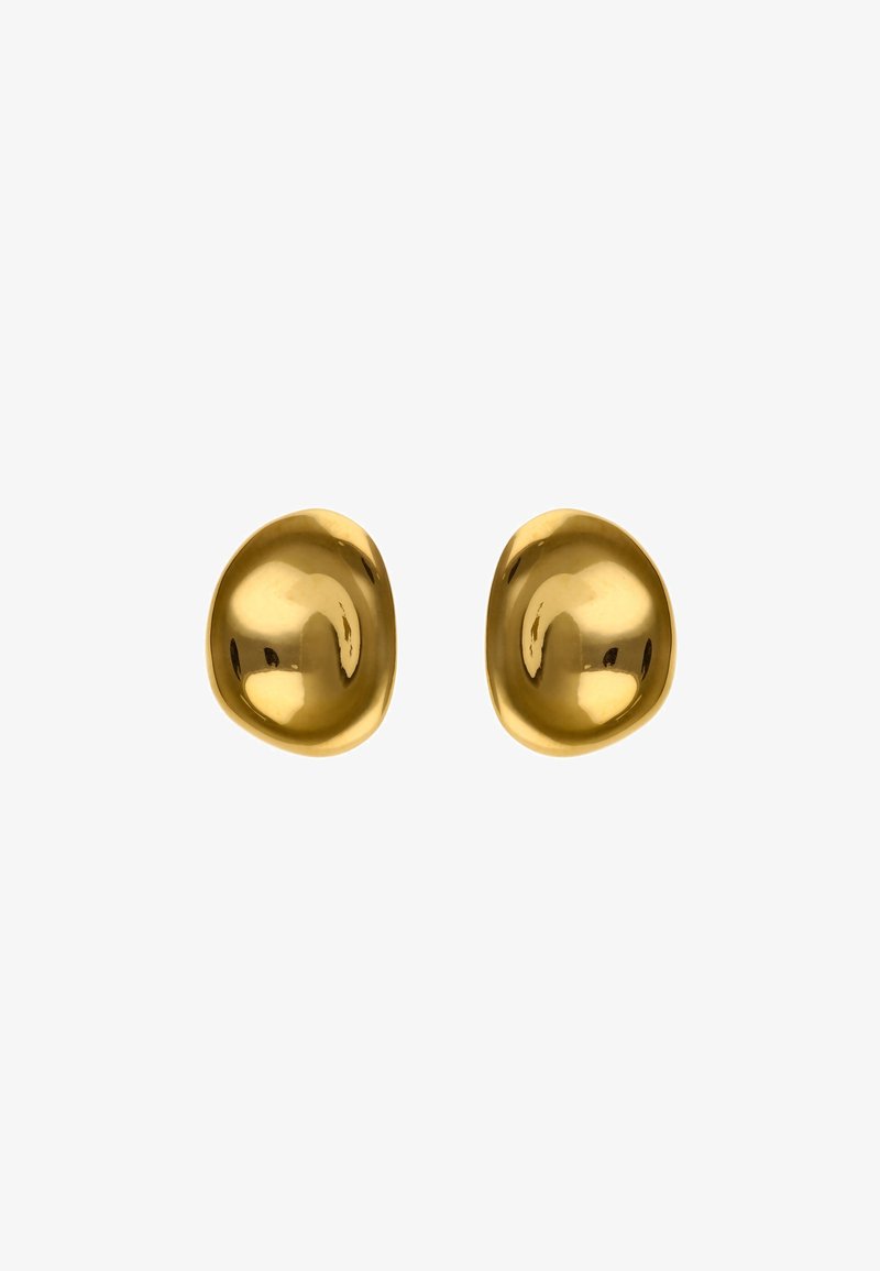 Guldtonede studsøreringe med glatte, organiske former og en reflekterende overflade. Har en poleret finish og buede, uregelmæssige kanter.