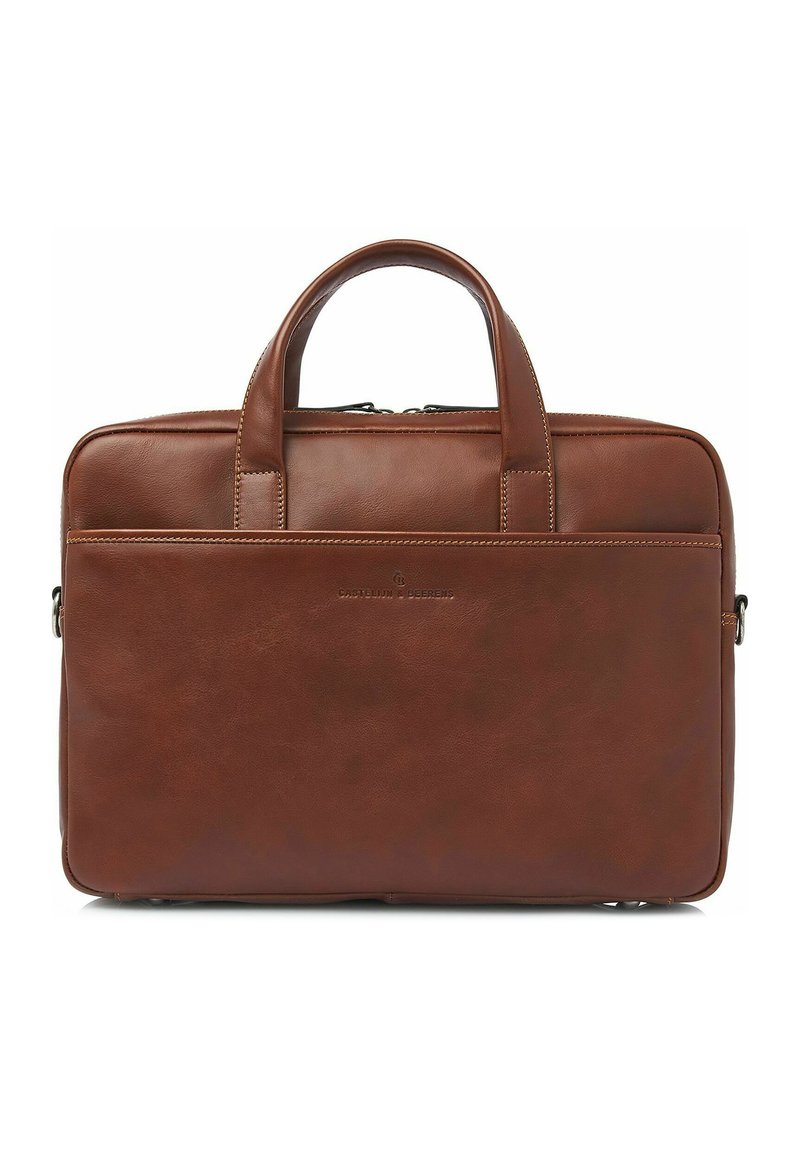 Braune Leder-Laptoptasche mit zwei oberen Griffen, einem Reißverschluss und einem minimalistischen Design. Verfügt über sichtbare Nähte und dezente Markenkennzeichnung.