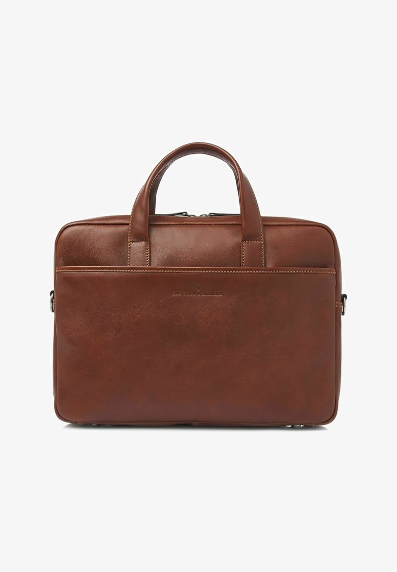 Braune Leder-Laptoptasche mit zwei oberen Griffen, einem Reißverschluss und einem minimalistischen Design. Verfügt über sichtbare Nähte und dezente Markenkennzeichnung.