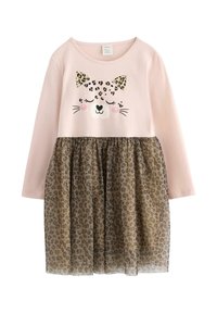 Abito lungo a maniche con stampa grafica di faccia di gatto leopardato, di colore rosa, e gonna in tulle marrone con motivo leopardato. Materiale in cotone morbido.