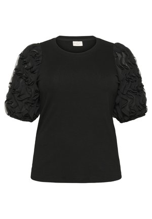 Zwarte blouse met korte mouwen, een ronde halslijn en volumineuze pofmouwen met gelaagde ruches.