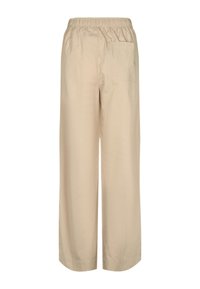 Beigen väriset leveälahkeiset housut, joissa on joustava vyötärönauha, kevyt materiaali, yksittäinen takatasku ja sileä pinta.