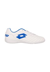 White athletic shoe with blue accents, featuring a textured leather upper, perforated design, laces, and a rubber sole. Logo visible on heel.