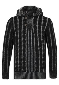 Schwarz-weiß gestreifter Strickpullover mit hohem Kragen und Toggle-Verschlüssen. Verfügt über ein strukturiertes Muster und gerippte Bündchen.