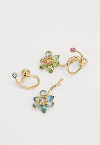 Three floral-shaped earrings featuring gold metal, colorful gemstones in green, pink, and blue, with varying designs and intricate details.