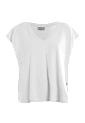 Bílé dámské bavlněné tričko s krátkými rukávy a výstřihem do V, volného střihu s malým logem u pravého spodního okraje.