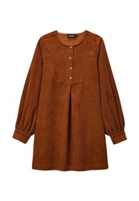 Robe en velours côtelé marron avec de longues manches bouffantes, fermeture à boutons, design plissé et encolure arrondie. La texture est côtelée et douce.