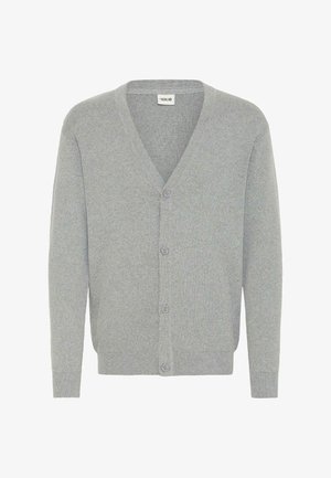 Cardigan gri cu un design în formă de V, având cinci nasturi pe partea din față, manșete cu model texturat și un material moale, cu textură.