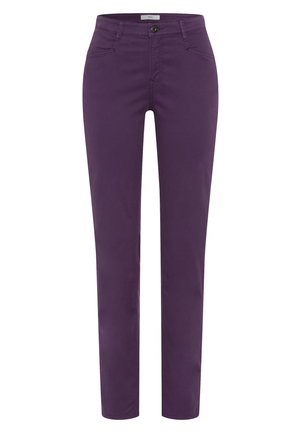 Purple cotton trousers with a slim-fit design, featuring front pockets, a button closure, and minimal stitching details.