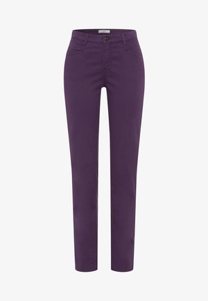 Purple cotton trousers with a slim-fit design, featuring front pockets, a button closure, and minimal stitching details.