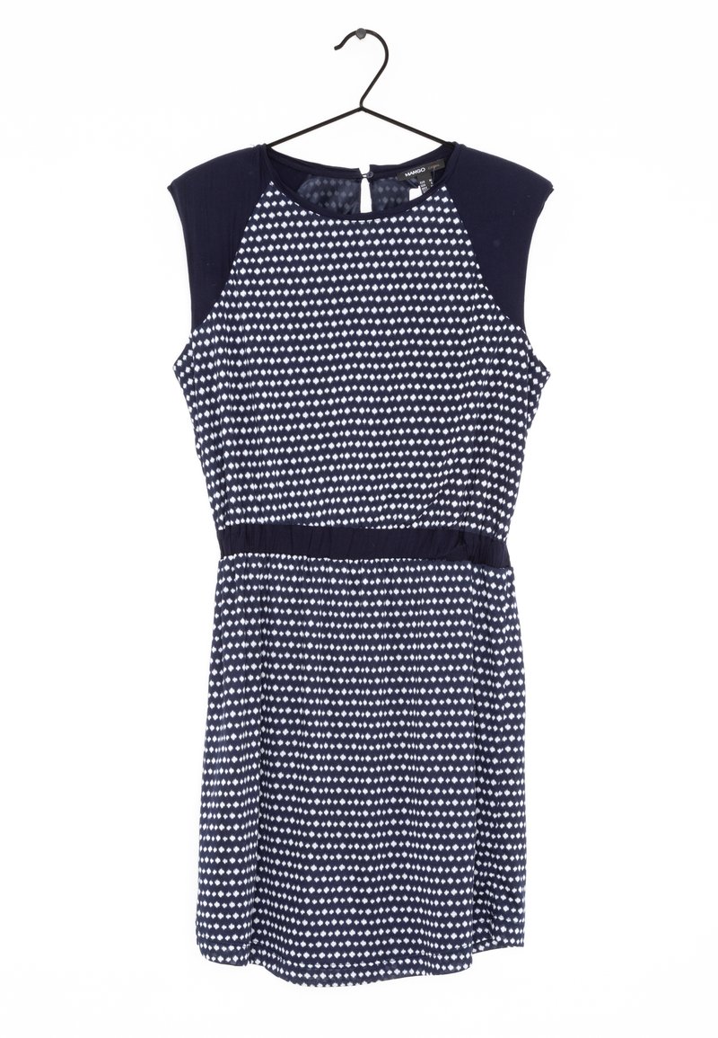 Robe de marine à pois blancs, à manches courtes, taille cintrée, texture froncée, fermeture au dos en forme de clé et tissu lisse.