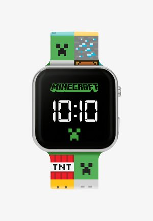 Vierkante digitale klok met een zwarte wijzerplaat die "10:10" weergeeft. Groene siliconen band versierd met gepixelde Minecraft-personages en patronen, waaronder TNT.