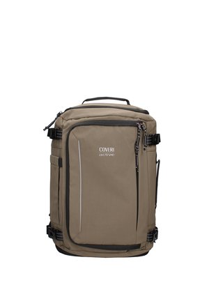 Rectangular tan backpack with front zippered pocket, black straps and buckles, top handle, and "COVERI active" logo on front panel.