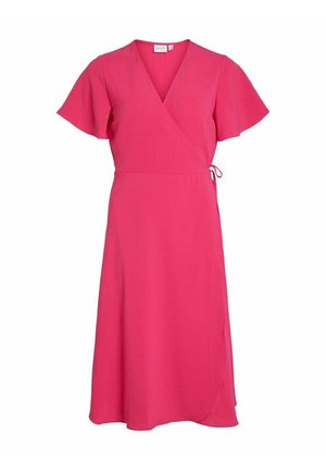 Pink wrap dress with short flutter sleeves, a tie waist, and a flowing skirt. Made from lightweight fabric with a subtle texture.