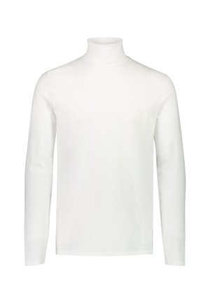 Camisola branca de gola alta e mangas compridas, feita de tecido liso, com um design ajustado e gola alta. Sem padrões ou detalhes visíveis.