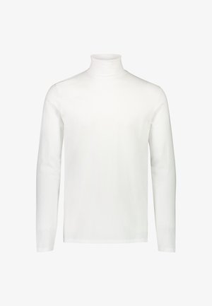 Hvit langermet genser med høy hals, laget av glatt stoff, med en kroppsnær passform og høy krage. Ingen synlige mønstre eller detaljer.