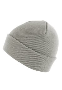 Gorro de punto gris con borde enrollado, que presenta una textura de canalé y una parte superior redondeada. Material ligero adecuado para el clima frío.