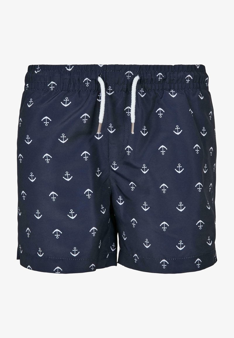 Shorts de bain navy avec un motif d'ancres blanches, taille élastique et fermeture à cordon. Fabriqués en matériau léger et résistant à l'eau.