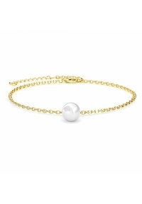 Bracciale in catena dorata con una pregiata perla bianca, dalla superficie liscia, con un design a maglia delicata e una chiusura regolabile per variazioni di misura.