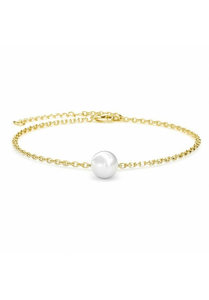 Bracciale in catena dorata con una pregiata perla bianca, dalla superficie liscia, con un design a maglia delicata e una chiusura regolabile per variazioni di misura.